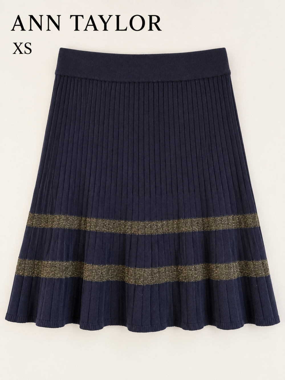 EUC Ann Taylor Navy Blue Ribbed A-line Skirt with Metallic Gold Stripes, XS